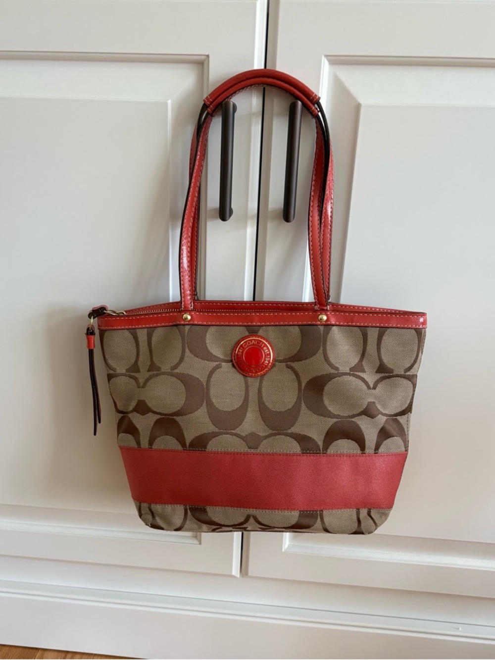 Coach Signature Strips tote Bag with Red Stripe - Picture 6 of 6